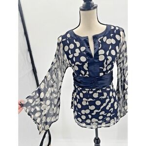 VTG Y2K Carole Little Top Silk Polka Dot Split V-Neck Waist Banded Retro Classic